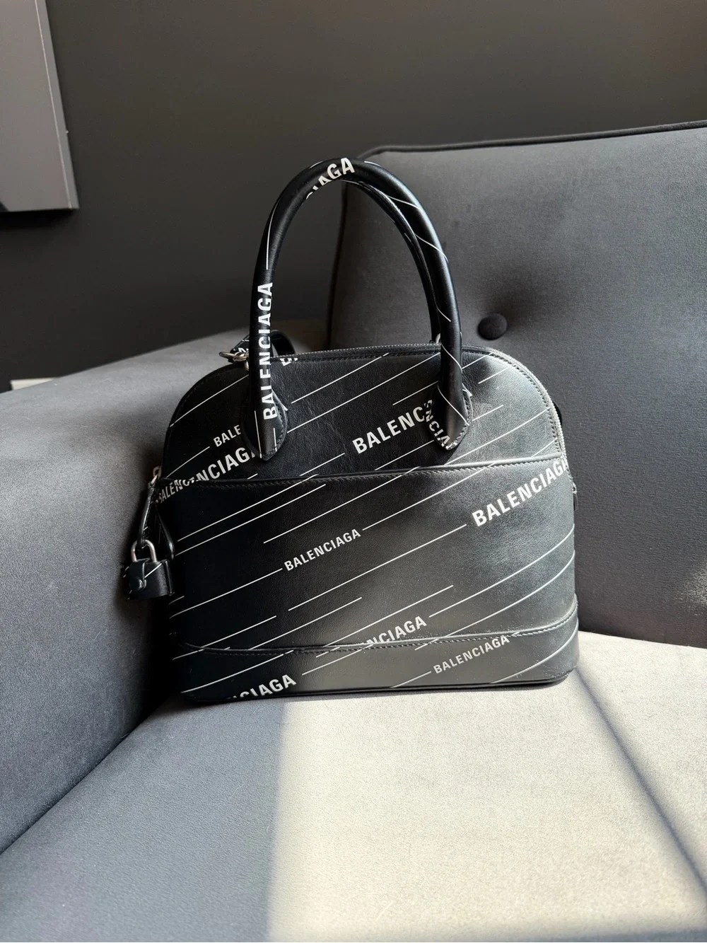 Balenciaga Medium Logo Printed Villetop Leather Handbag, Black